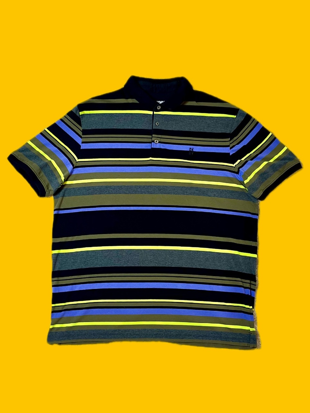 DKNY Striped Polo Shirt XL Blue Gray Green Stretch Cotton Golf Casual